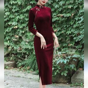 Elegant Velvet Burgundy 3/4 Sleeve Side Slits Cheongsam Dress sz L  Whimsigoth